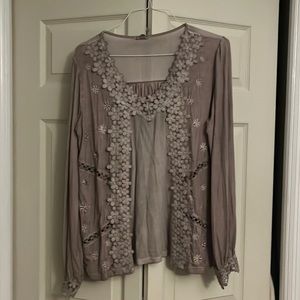POL Taupe Blouse with Lace, size large, very good/excellent condition